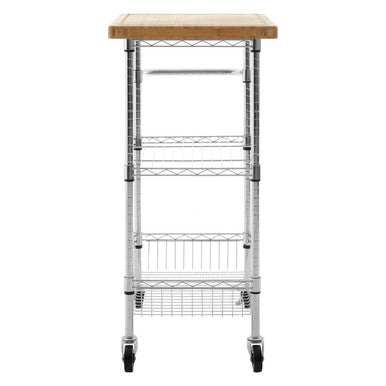 Silver and Natural 3 Tier Kitchen Trolley with Rubber Wood Top