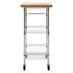 Silver and Natural 3 Tier Kitchen Trolley with Rubber Wood Top