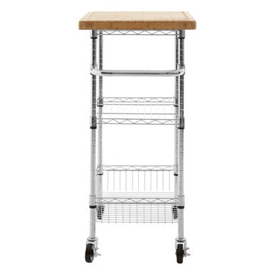 Silver and Natural 3 Tier Kitchen Trolley with Rubber Wood Top