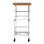 Silver and Natural 3 Tier Kitchen Trolley with Rubber Wood Top