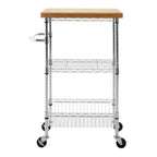Silver and Natural 3 Tier Kitchen Trolley with Rubber Wood Top