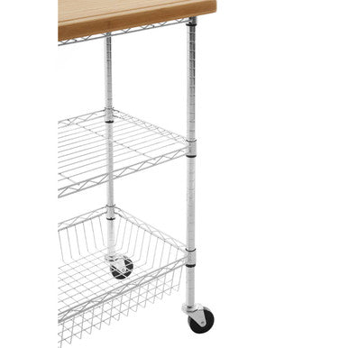 Silver and Natural 3 Tier Kitchen Trolley with Rubber Wood Top