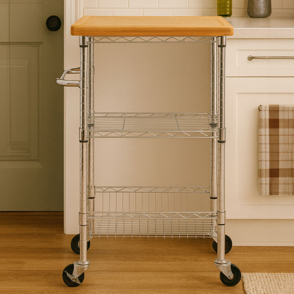 Silver and Natural 3 Tier Kitchen Trolley with Rubber Wood Top