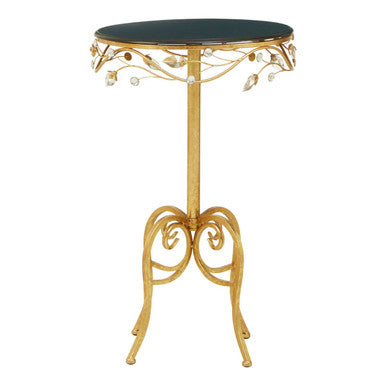 Black Wooden Top Round Side Table with Gold Metal Frame