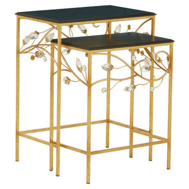 Set of 2 Black Wooden Top Tables with Gold Metal Frame