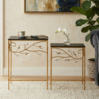 Set of 2 Black Wooden Top Tables with Gold Metal Frame