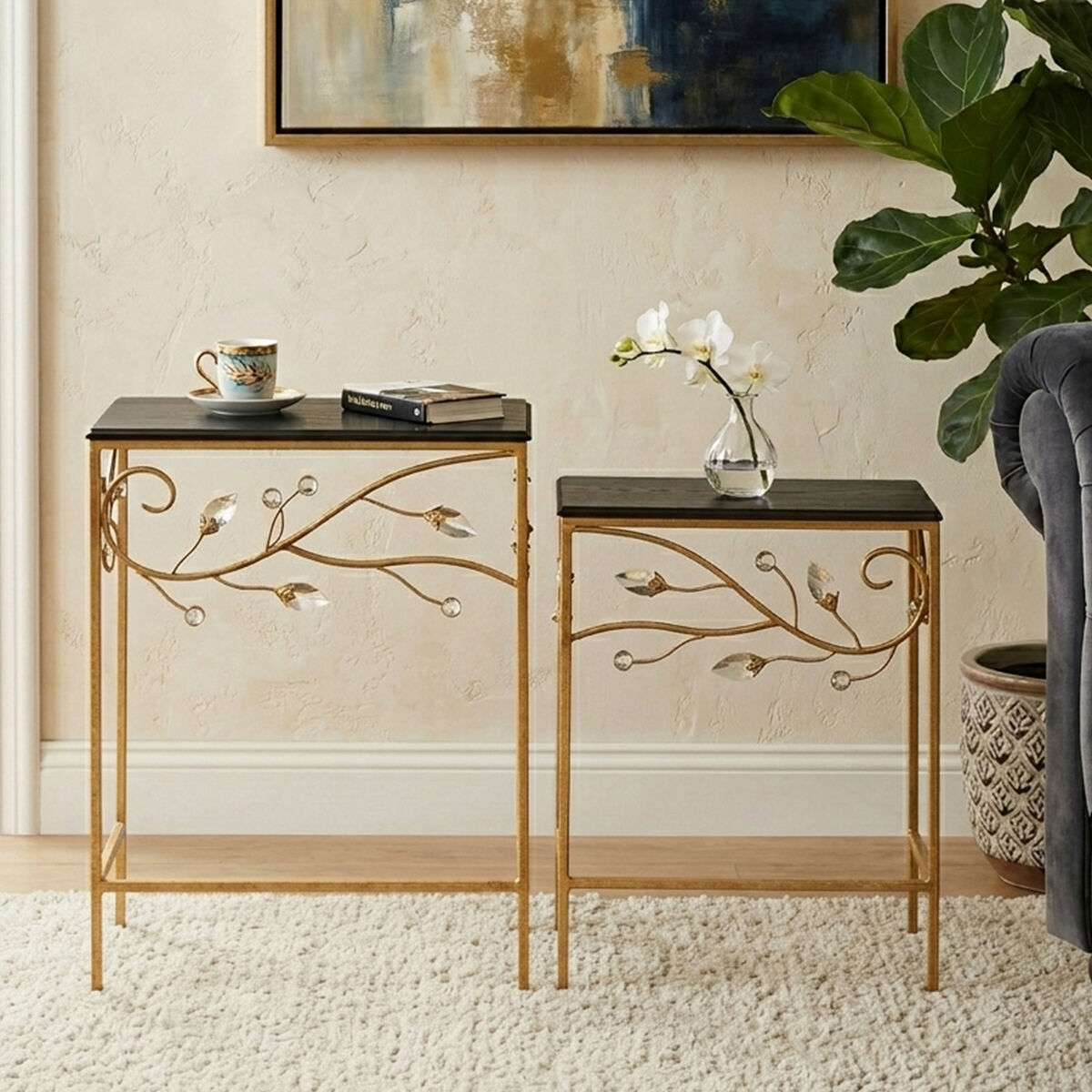 Set of 2 Black Wooden Top Tables with Gold Metal Frame