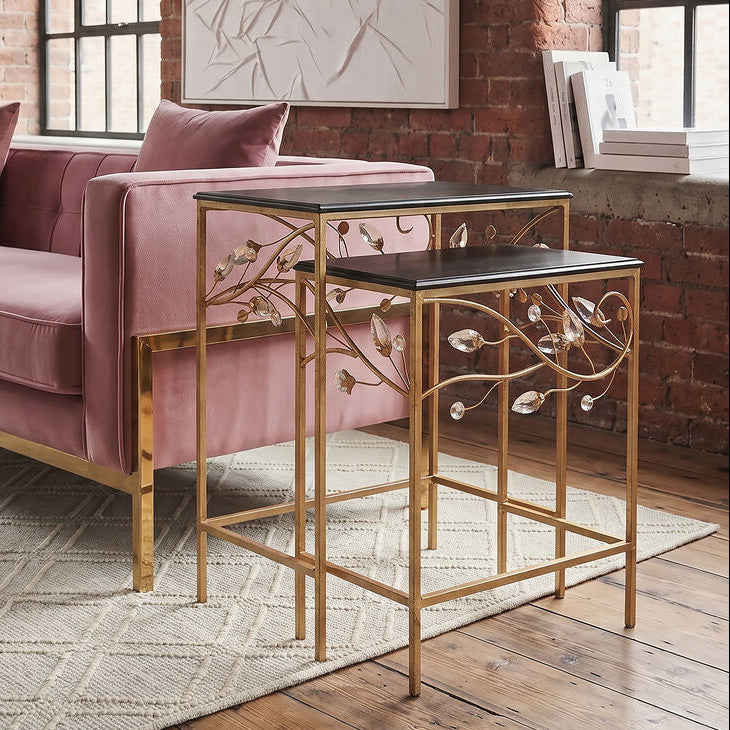 Set of 2 Black Wooden Top Tables with Gold Metal Frame