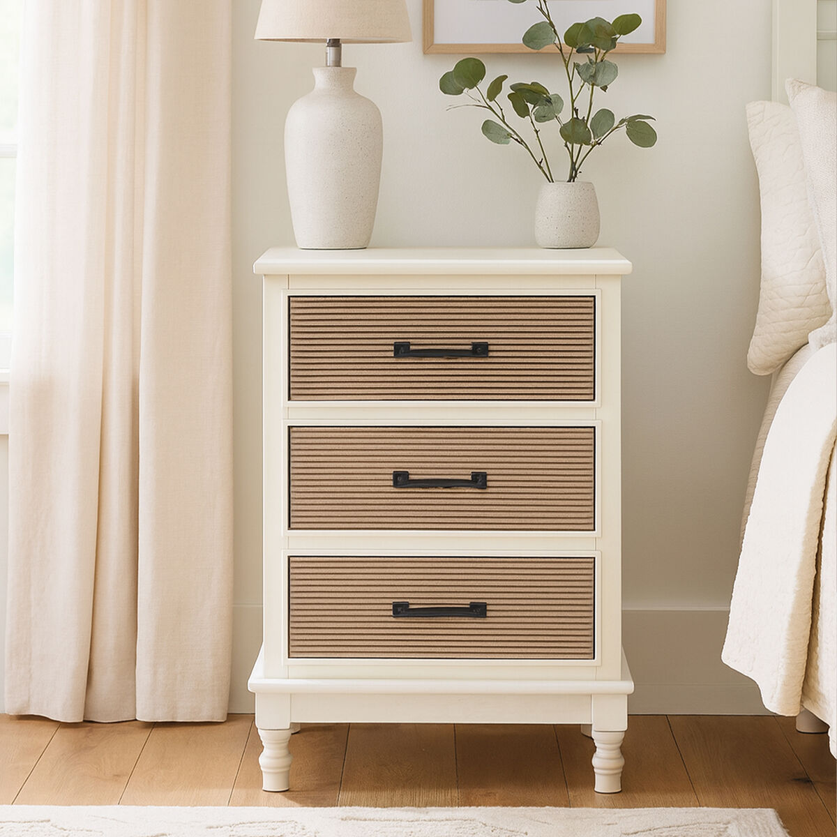 White and Natural Wooden 3 Drawer Chest