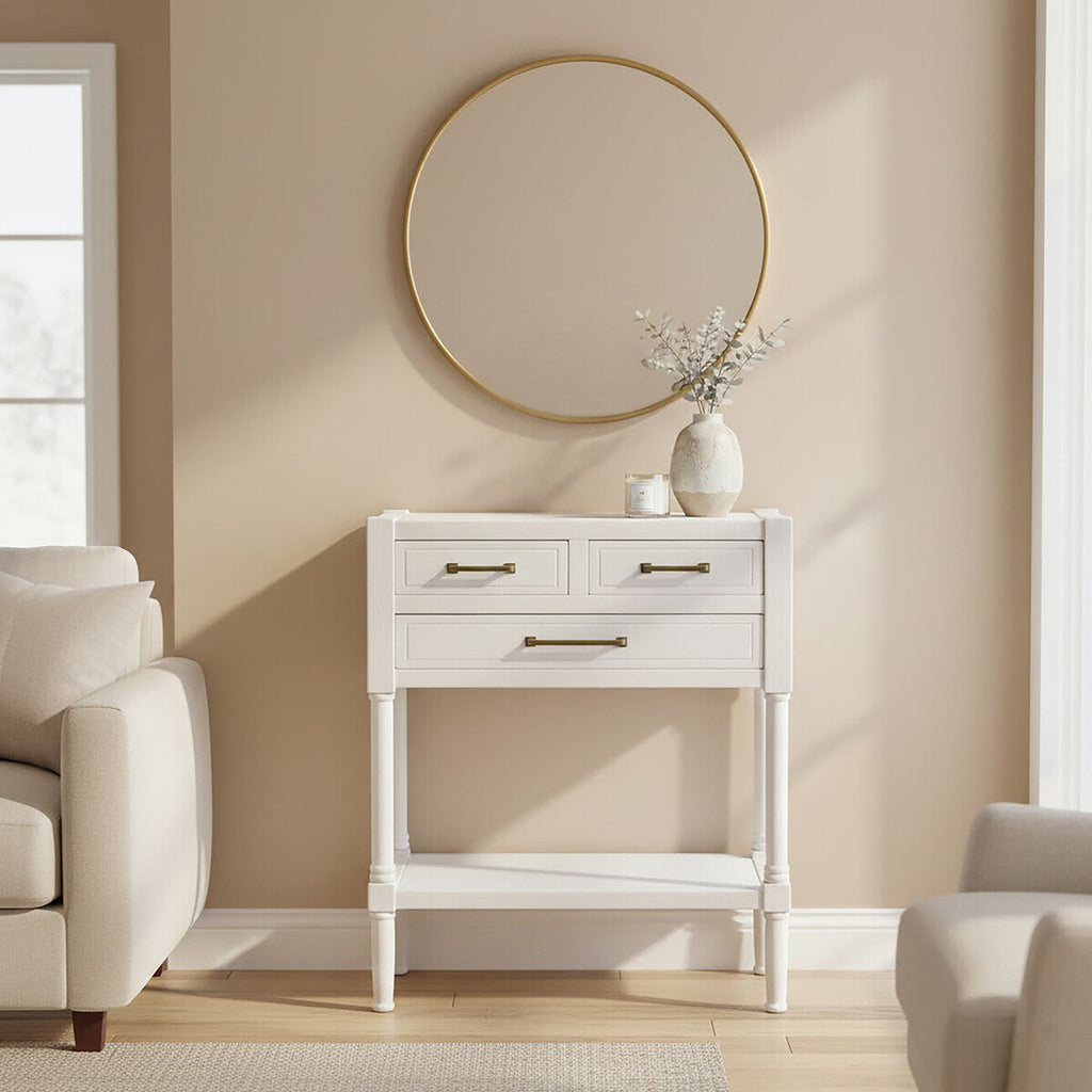 Pearl White Wooden 3 Drawer Console Table with Lower Shelf
