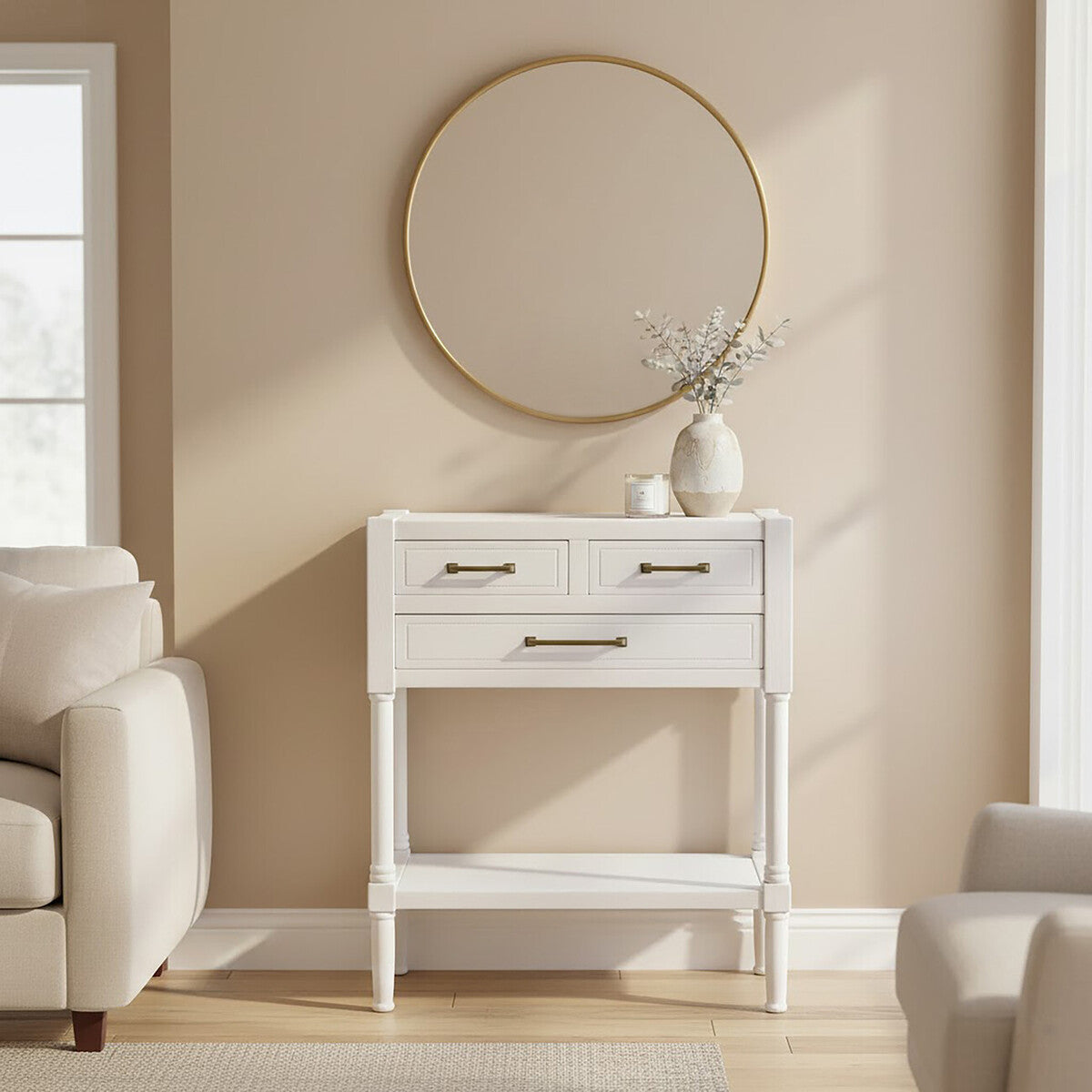 Pearl White Wooden 3 Drawer Console Table with Lower Shelf
