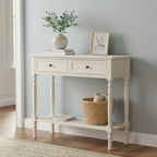 Antique White Wooden 2 Drawer Console Table with Lower Shelf