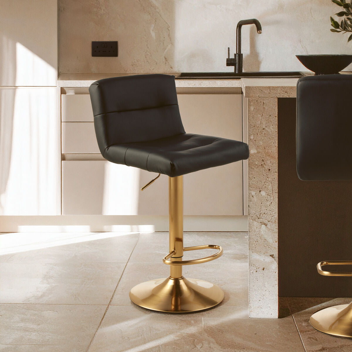 Black Leather Effect Bar Stool with Gold Finish Base