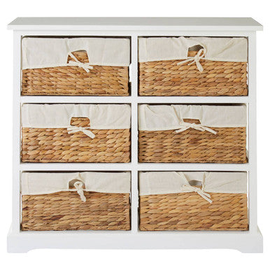 White Acacia Wood and Water Hyacinth 6 Drawer Chest