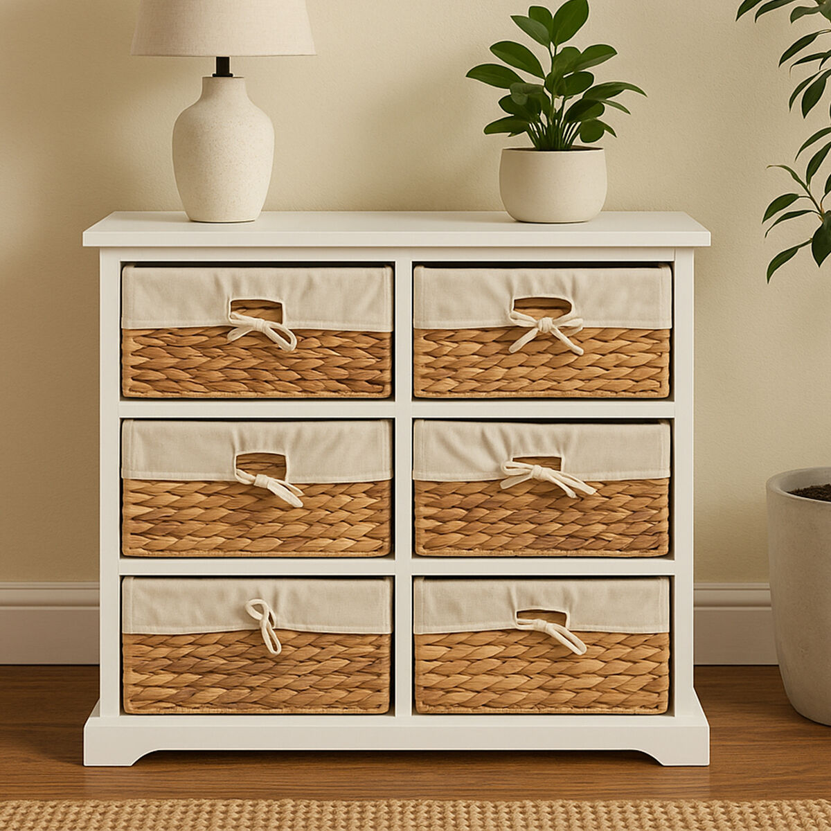 White Acacia Wood and Water Hyacinth 6 Drawer Chest