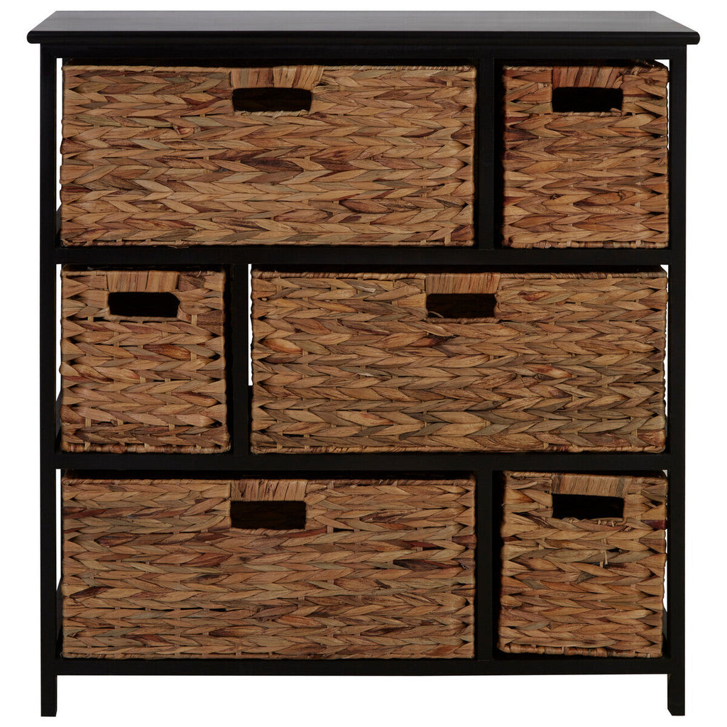 Black Wooden Storage Unit with 6 Water Hyacinth Drawers