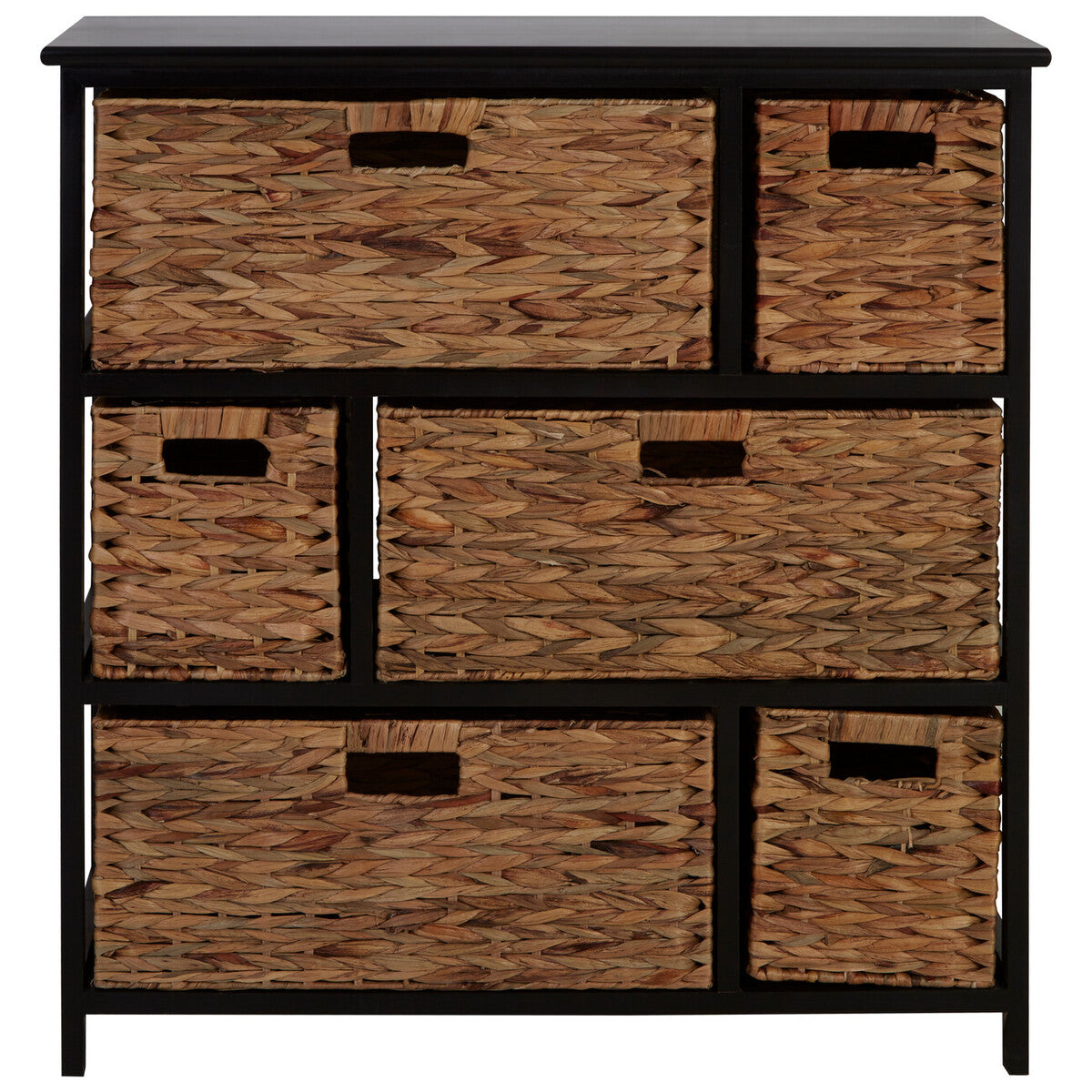 Black Wooden Storage Unit with 6 Water Hyacinth Drawers