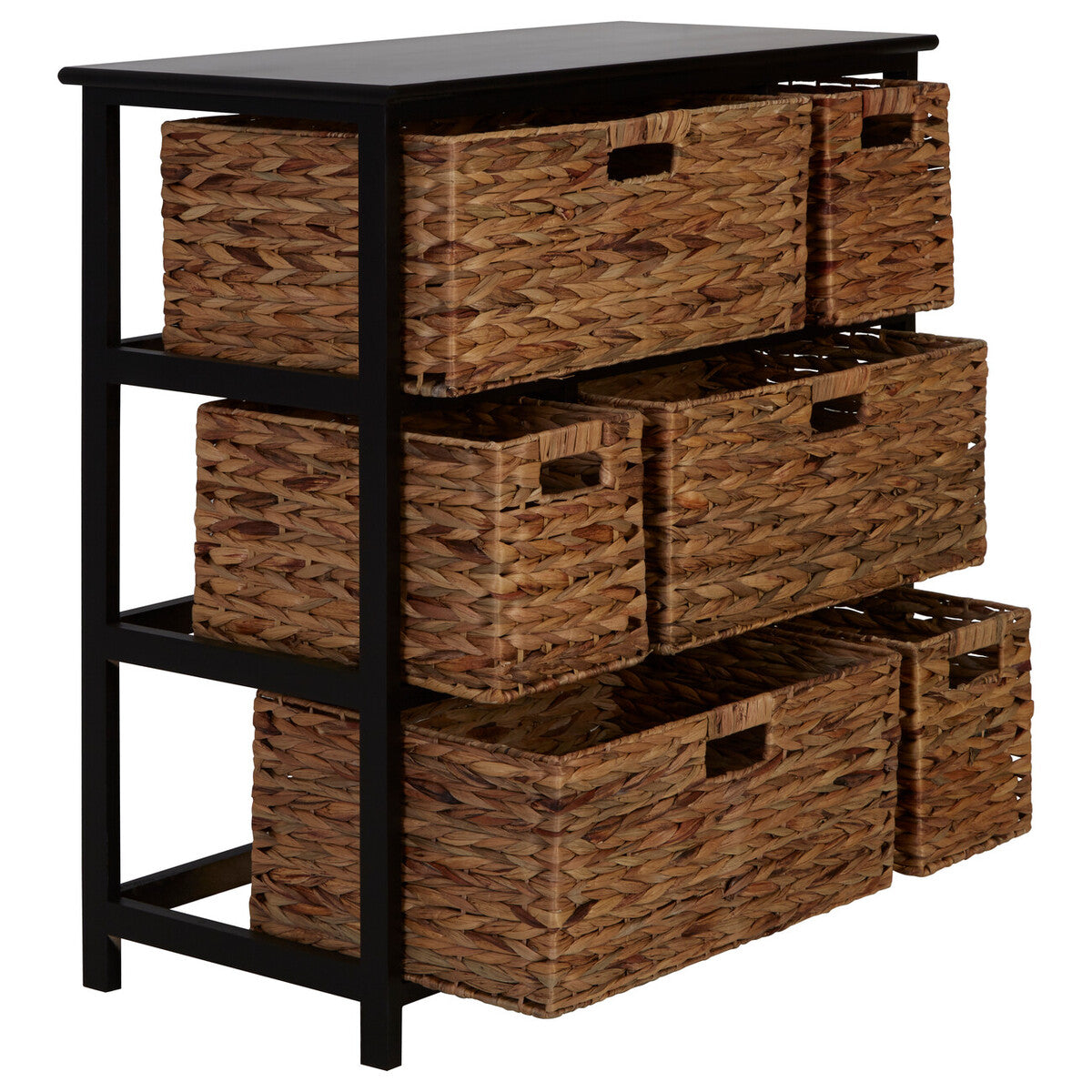 Black Wooden Storage Unit with 6 Water Hyacinth Drawers