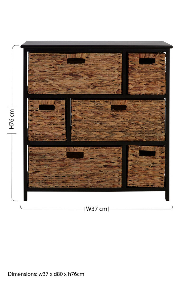 Black Wooden Storage Unit with 6 Water Hyacinth Drawers