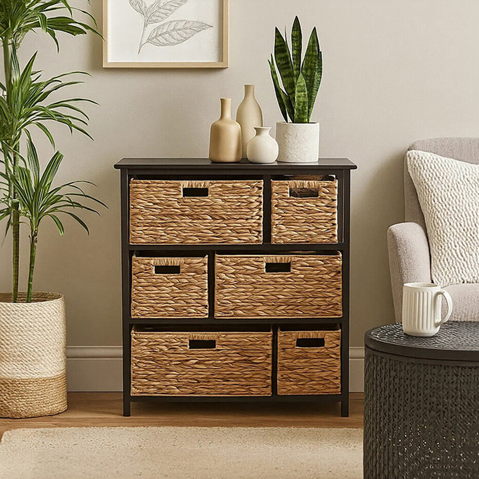 Black Wooden Storage Unit with 6 Water Hyacinth Drawers