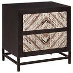 Black Wooden 2-Drawer Bedside Table with Chevron Pattern Drawer Fronts and Metal Handles