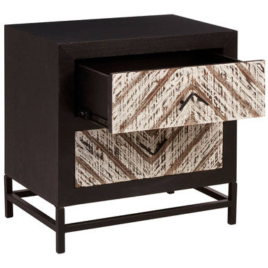 Black Wooden 2-Drawer Bedside Table with Chevron Pattern Drawer Fronts and Metal Handles