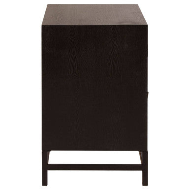 Black Wooden 2-Drawer Bedside Table with Chevron Pattern Drawer Fronts and Metal Handles
