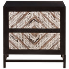 Black Wooden 2-Drawer Bedside Table with Chevron Pattern Drawer Fronts and Metal Handles
