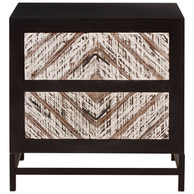 Black Wooden 2-Drawer Bedside Table with Chevron Pattern Drawer Fronts and Metal Handles
