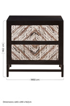 Black Wooden 2-Drawer Bedside Table with Chevron Pattern Drawer Fronts and Metal Handles