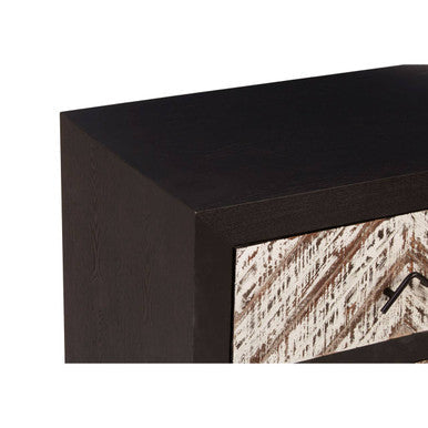 Black Wooden 2-Drawer Bedside Table with Chevron Pattern Drawer Fronts and Metal Handles