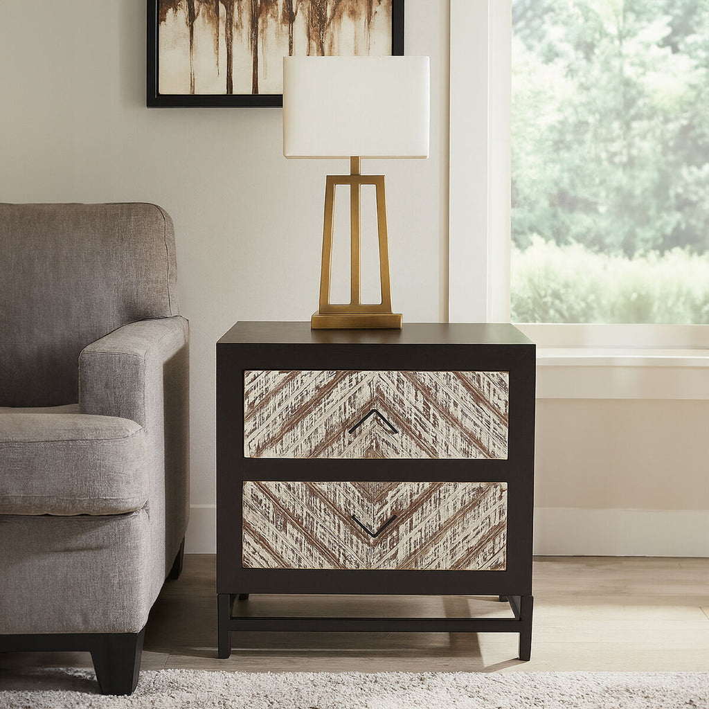 Black Wooden 2-Drawer Bedside Table with Chevron Pattern Drawer Fronts and Metal Handles