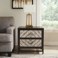 Black Wooden 2-Drawer Bedside Table with Chevron Pattern Drawer Fronts and Metal Handles