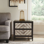 Black Wooden 2-Drawer Bedside Table with Chevron Pattern Drawer Fronts and Metal Handles