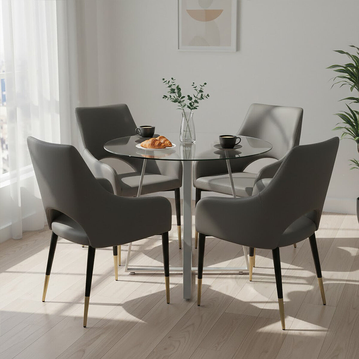 Clear Glass Round Dining Table with Grey Finish Legs