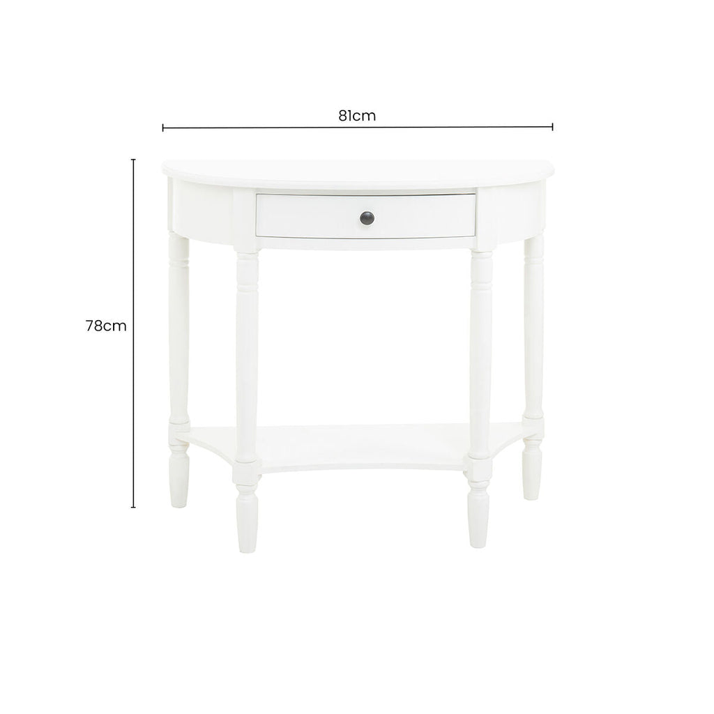 White Wooden Half Moon 1 Drawer Console Table with Lower Shelf
