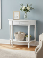 White Wooden Half Moon 1 Drawer Console Table with Lower Shelf