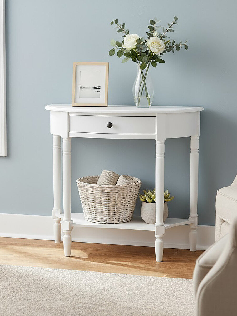 White Wooden Half Moon 1 Drawer Console Table with Lower Shelf