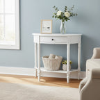 White Wooden Half Moon 1 Drawer Console Table with Lower Shelf