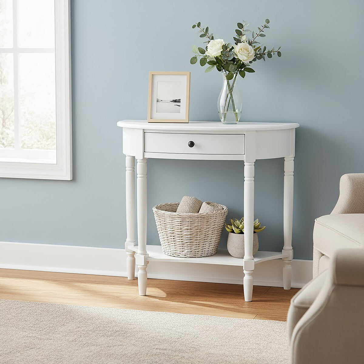 White Wooden Half Moon 1 Drawer Console Table with Lower Shelf