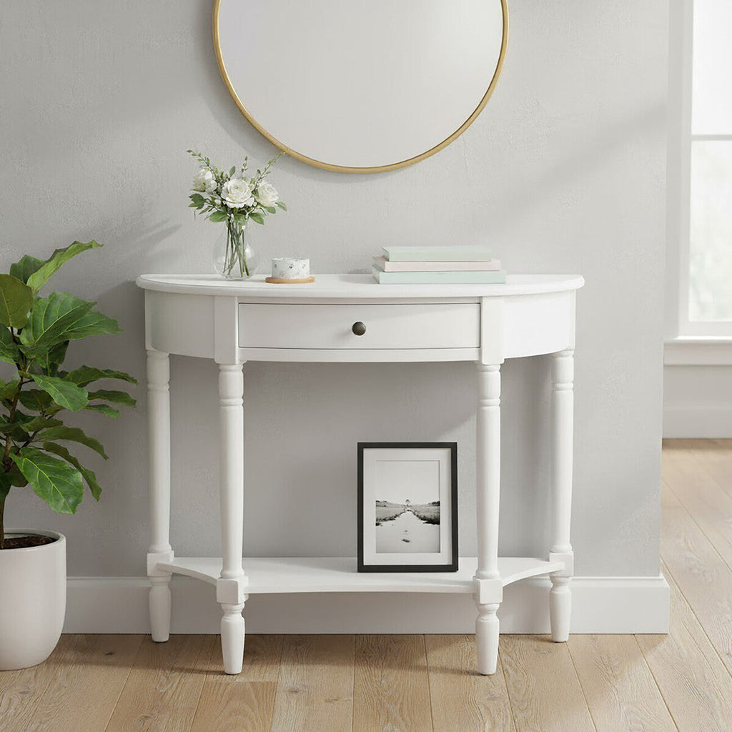 White Wooden Half Moon 1 Drawer Console Table with Lower Shelf
