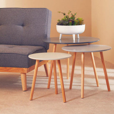 Grey Pine Wood Set of 3 Round Side Tables
