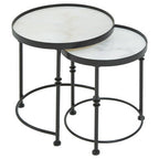 White Marble and Black Finish Set of 2 Round Side Tables