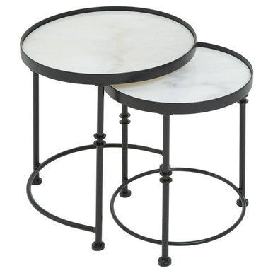 White Marble and Black Finish Set of 2 Round Side Tables