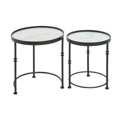 White Marble and Black Finish Set of 2 Round Side Tables