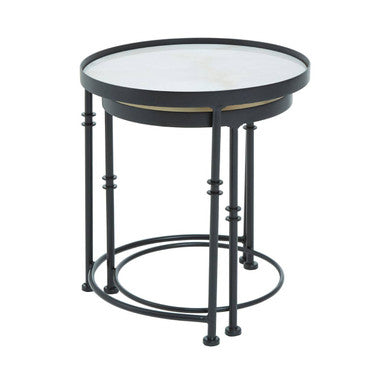 White Marble and Black Finish Set of 2 Round Side Tables