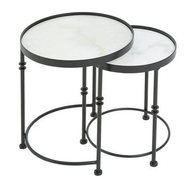 White Marble and Black Finish Set of 2 Round Side Tables