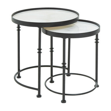 White Marble and Black Finish Set of 2 Round Side Tables