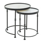 White Marble and Black Finish Set of 2 Round Side Tables