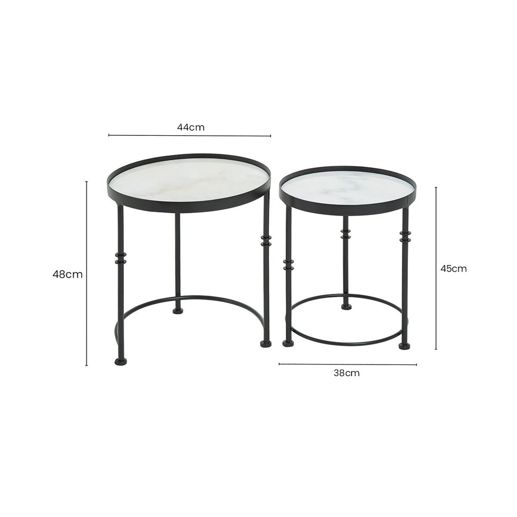 White Marble and Black Finish Set of 2 Round Side Tables